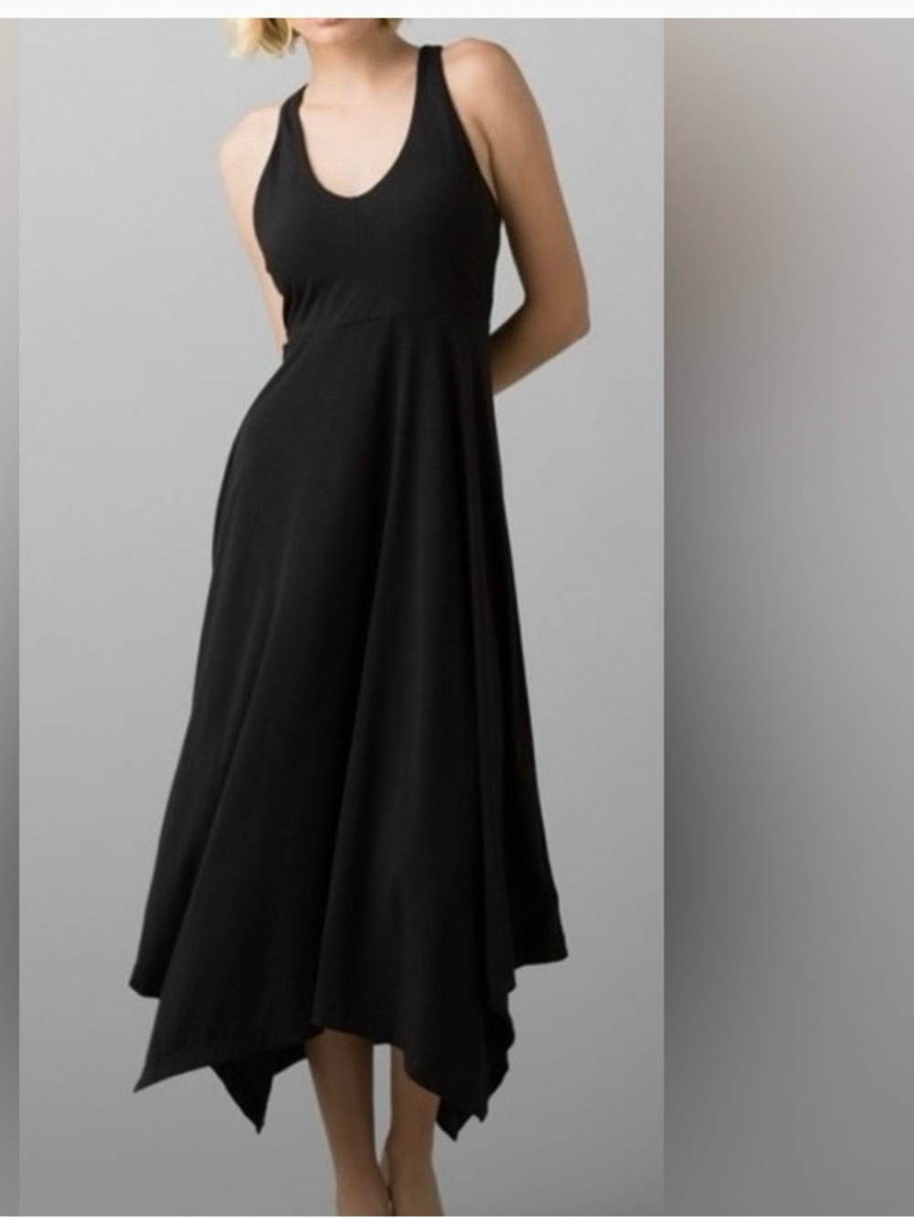 Prana Josepina Black Asymmetrical Racerback Handkerchief Hem Midi Dress M
